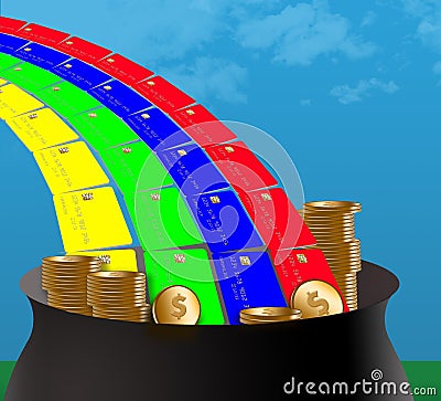 Getting cash back on credit card purchases is like finding the pot of gold at the end of a rainbow Cartoon Illustration