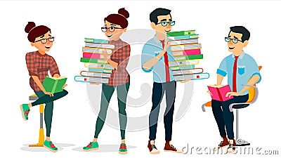 Getting Knowledge Concept Vector. Encyclopedia. Man And Woman In Book Club. Library, Academic, School, University Vector Illustration