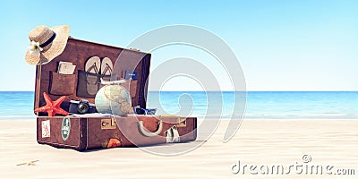 Getting ready for summer holidays - Leather suitcase with travel accessories Stock Photo