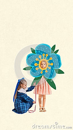 Getting ready for summer. Little girl measuring her friend. Sewing lovely dresses. Playful children. Contemporary art Stock Photo