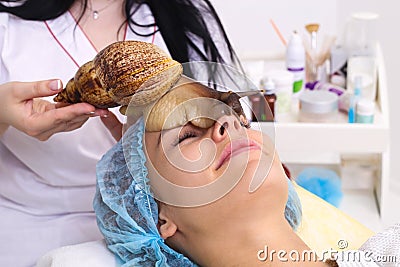 Getting snail skin cleaning at beauty salon. Stock Photo