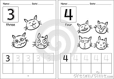 Vector cartoon cats kids activity learning to write number book Vector Illustration