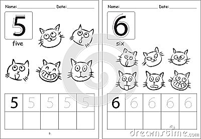 Vector cartoon cats kids activity learning to write number book Vector Illustration