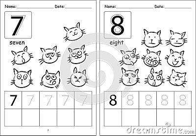 Vector cartoon cats kids activity learning to write number book Vector Illustration