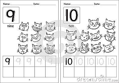 Vector cartoon cats kids activity learning to write number book Vector Illustration