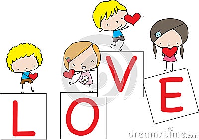 Vector cartoon kids hold heart shape love card icon sign background Vector Illustration