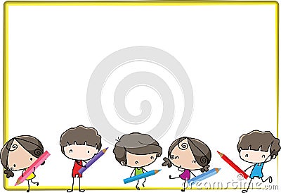 Vector cartoon boys and girls hold colour pencil set border frame background Vector Illustration