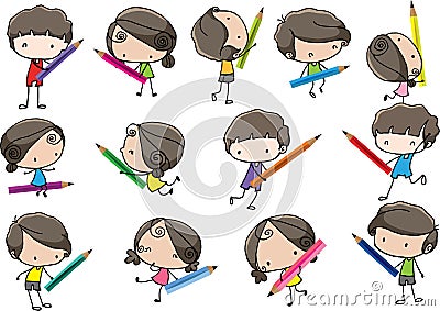 Vector cartoon boys and girls hold colour pencil set border frame background Vector Illustration