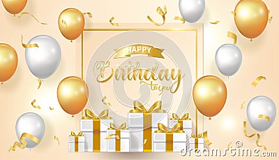 Gold birthday card with gold and white balloons and a gift tied with a gold ribbon Vector Illustration