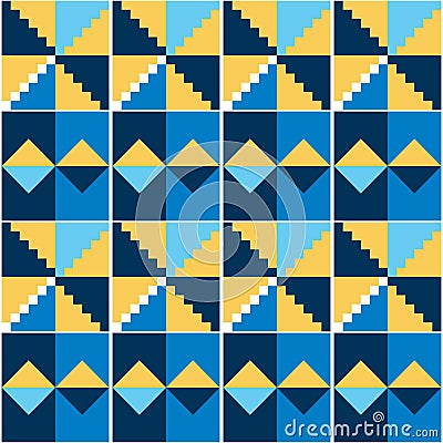 Ghana African tribal Kente cloth style vector seamless textile pattern, geometric nwentoma design in blue and yellow Vector Illustration