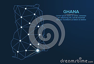 Ghana communication network map. Vector low poly image of a global map with lights in the form of cities. Map in the form of a Stock Photo