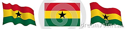 Ghana flag in static position and in motion, fluttering in wind in exact colors and sizes, on white background Vector Illustration