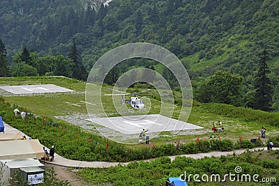 Helicopter landing on Helipad, Ghangaria, Uttarakhand, India Editorial Stock Photo