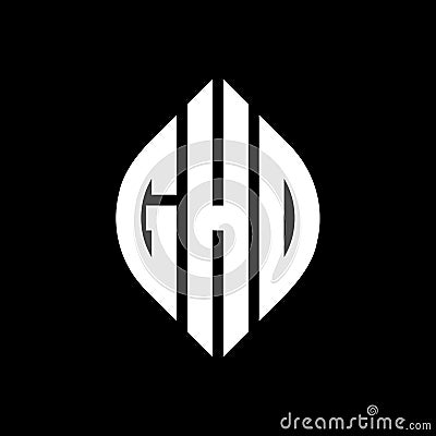 GHD circle letter logo design with circle and ellipse shape. GHD ellipse letters with typographic style. The three initials form a Vector Illustration