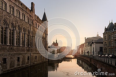 Ghent, Belgium April 9, 2020- The Castle of Gerald The Devil at sunrise Editorial Stock Photo