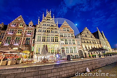 GHENT, BELGIUM - APRIL 30, 2015: View of Graslei quay and Leie river in the historic city center in Gent, Belgium. Architecture Editorial Stock Photo