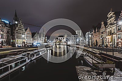 Graslei Embankment by Night in Gent Editorial Stock Photo
