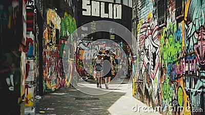 Couple walking down Graffiti Street Editorial Stock Photo