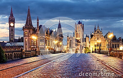 Ghent, Belgium during night, Gent old town Stock Photo
