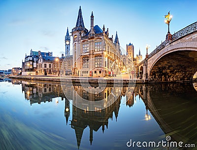 Ghent, Belgium during night, Gent old town Stock Photo