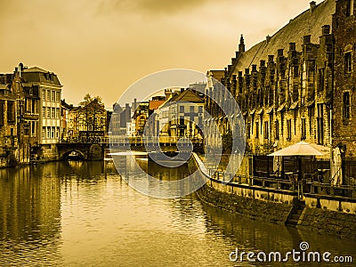 Ghent canal with rows of old tenaments Stock Photo