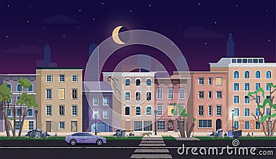 Ghetto landscape at night vector illustration, cartoon flat neighborhood cityscape with slum city street and dirty Vector Illustration