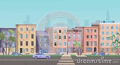 Ghetto landscape vector illustration, cartoon flat neighborhood cityscape with slum city street and dirty shanty houses Vector Illustration