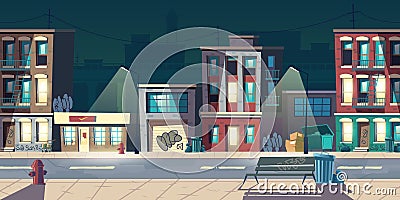 Ghetto street at night, slum abandoned houses Vector Illustration