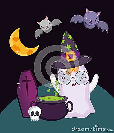 Ghost cauldron coffin skull bats halloween Vector Illustration