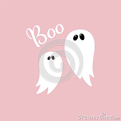 Ghost character and boo hand drawn text poster for pink Halloween party invitation, trick and treat fabric, scary ghost Vector Illustration