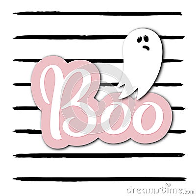 Ghost character and boo hand drawn text poster for pink Halloween party invitation, trick and treat fabric, scary ghost Vector Illustration