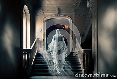 A ghost climbing the stairs inside of a mansion. Created with Generative AI Stock Photo