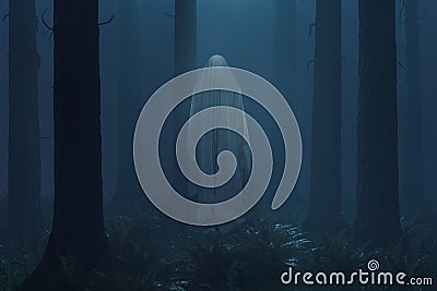 ghost covered with sheet floating in the air. Surrounded by trees in a misty forest in the middle of the night Stock Photo