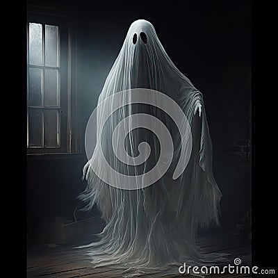 Ghost. Dark room with phantom on which kights fro window falls. AI generated art. Concept of halloween, mystic, holiday, fears Stock Photo