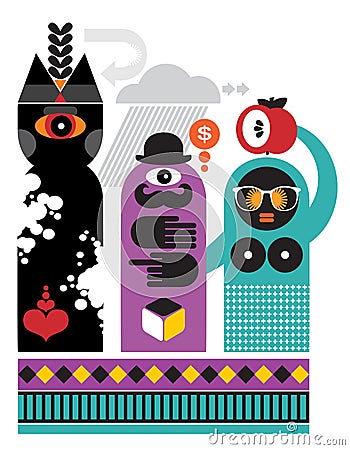 The ghost, English gentleman and black woman. Vector Illustration