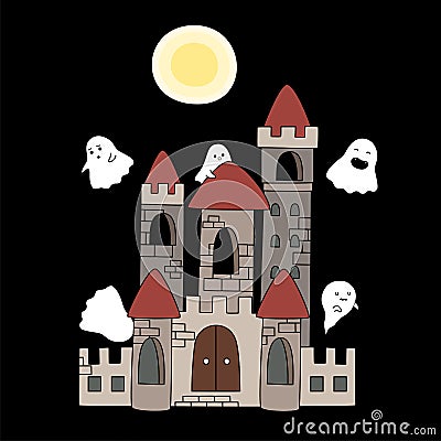 Ghost friends fly and play together at the castle over the sky Vector Illustration