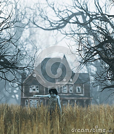 Ghost girl with haunted house scene in creepy forest Cartoon Illustration