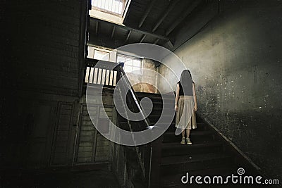 Ghost in Haunted House, Mysterious Woman, Horror scene of scary. Stock Photo