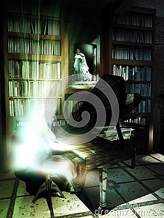 Ghost at piano in the library Stock Photo