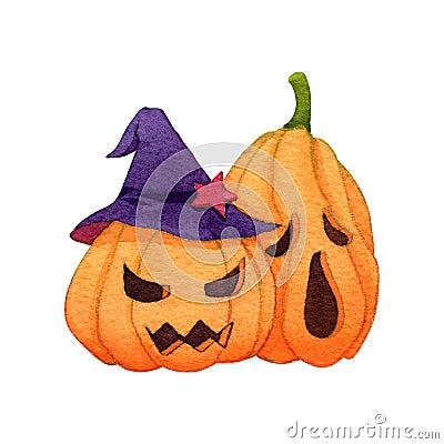 Ghost pumpkin with witch hat on white background. Watercolor hand painting illustration. Design for halloween event. Clipping path Cartoon Illustration