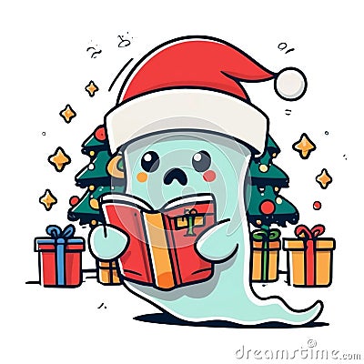 ghost in santa hat reading a book christmas artwork Stock Photo