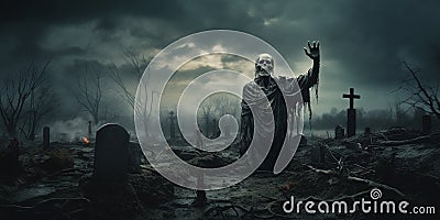 Ghost scenery Halloween background, Zombie Apocalypse, scary haunted cemetery Stock Photo