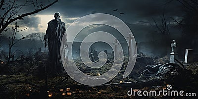 Ghost scenery Halloween background, Zombie Apocalypse, scary haunted cemetery Stock Photo