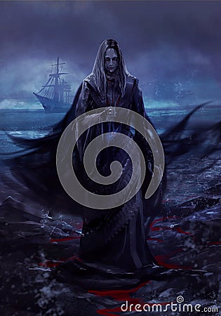 Ghost cursed phantom lady on dark sea background. Stock Photo