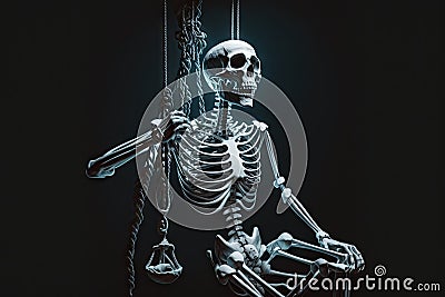 ghost skeleton, hanging from noose by its own neck, in dark and mysterious scene Stock Photo