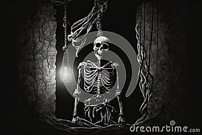 ghost skeleton, hanging from noose by its own neck, in dark and mysterious scene Stock Photo