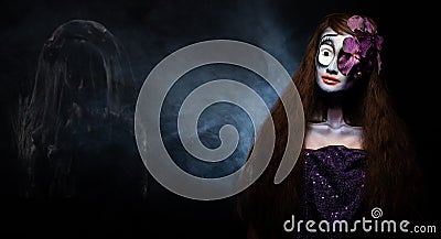 Ghost Fashion make up Woman halloween background empty copy space Stock Photo
