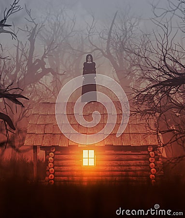 Ghost woman in black standing on the roof of a cabin in creepy forest Stock Photo