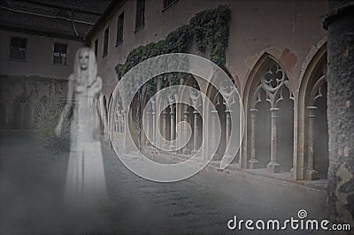 Ghost Woman in Courtyard Stock Photo