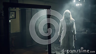 Ghost woman looking in the mirror in vintage mysterious room Stock Photo